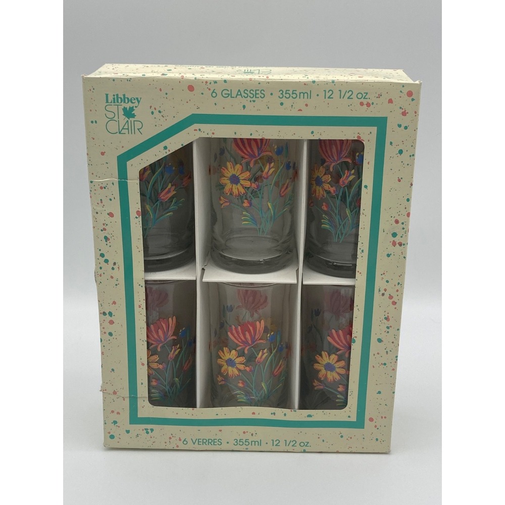 Vintage Libbey St Clair Floral Drinking Glasses Set 6 Tumblers 12.5 oz Box 1988